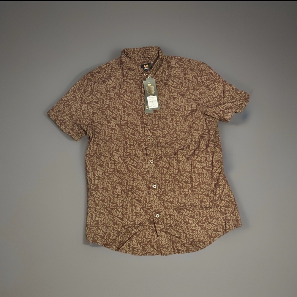 Lee Men’s Brown Leaf Print Short Sleeve Button Down Shirt NWT Sz S